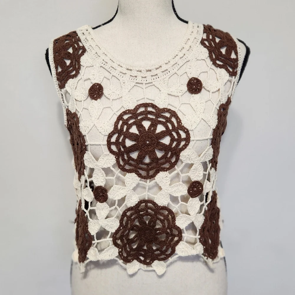 Crochet Sweater Vest Tank Cream Brown Cropped Y2K Boho-chic Grandma Hippie S - Picture 2 of 11